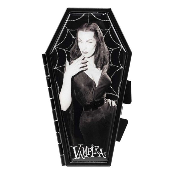 Vampira Cobweb Glitter Coffin Shape Standing Compact Makeup Mirror NEW - Picture 1 of 3